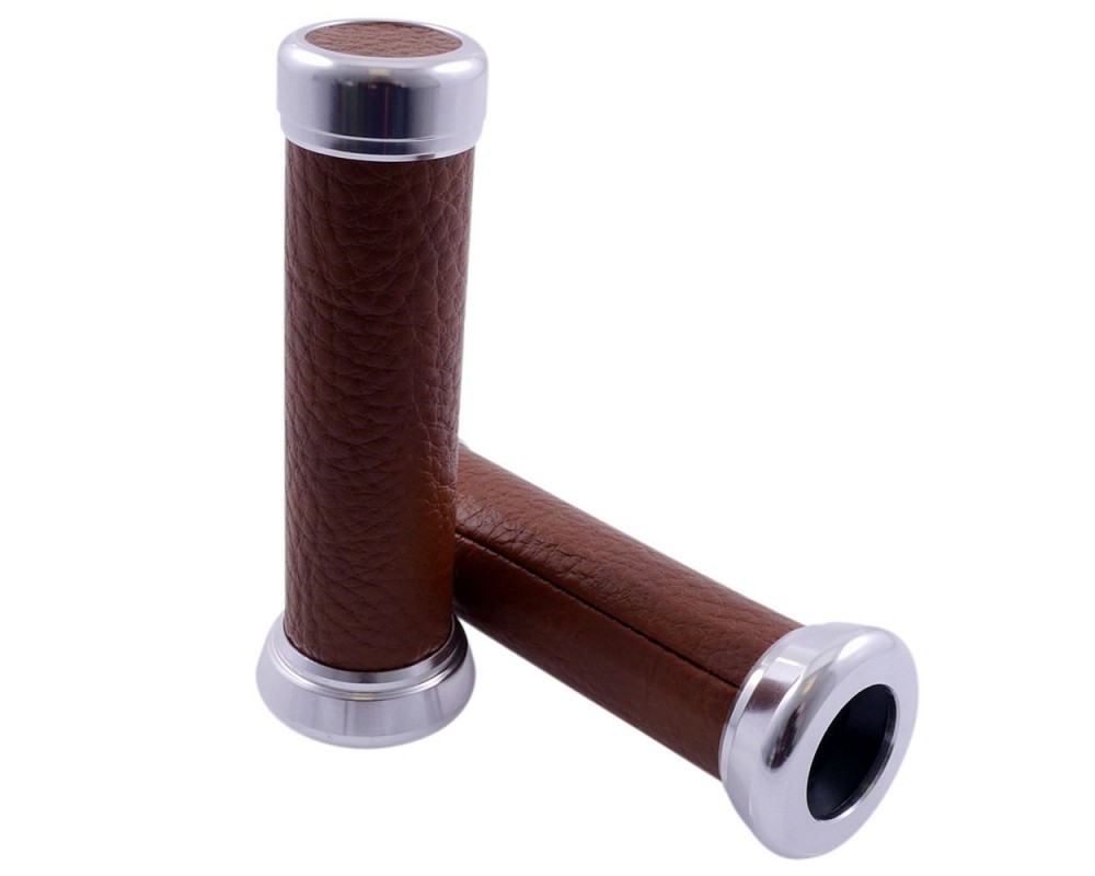 Lenkergriffe Retro Braun Leder / Chrom 22mm/24mm Moped, Roller, Mofa