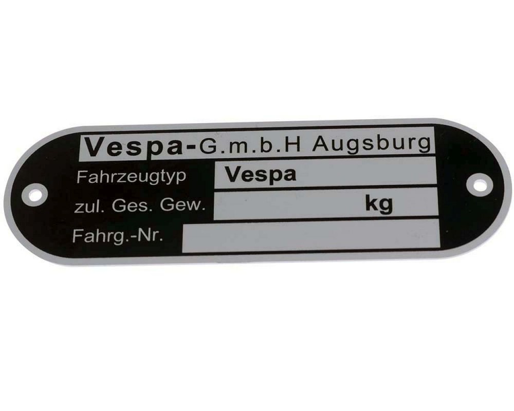Typenschild Vespa GmbH Augsburg, fr Vespa alle dt. Modelle 62 -67 schwarz, Aluminium getzt, 80x25x1mm