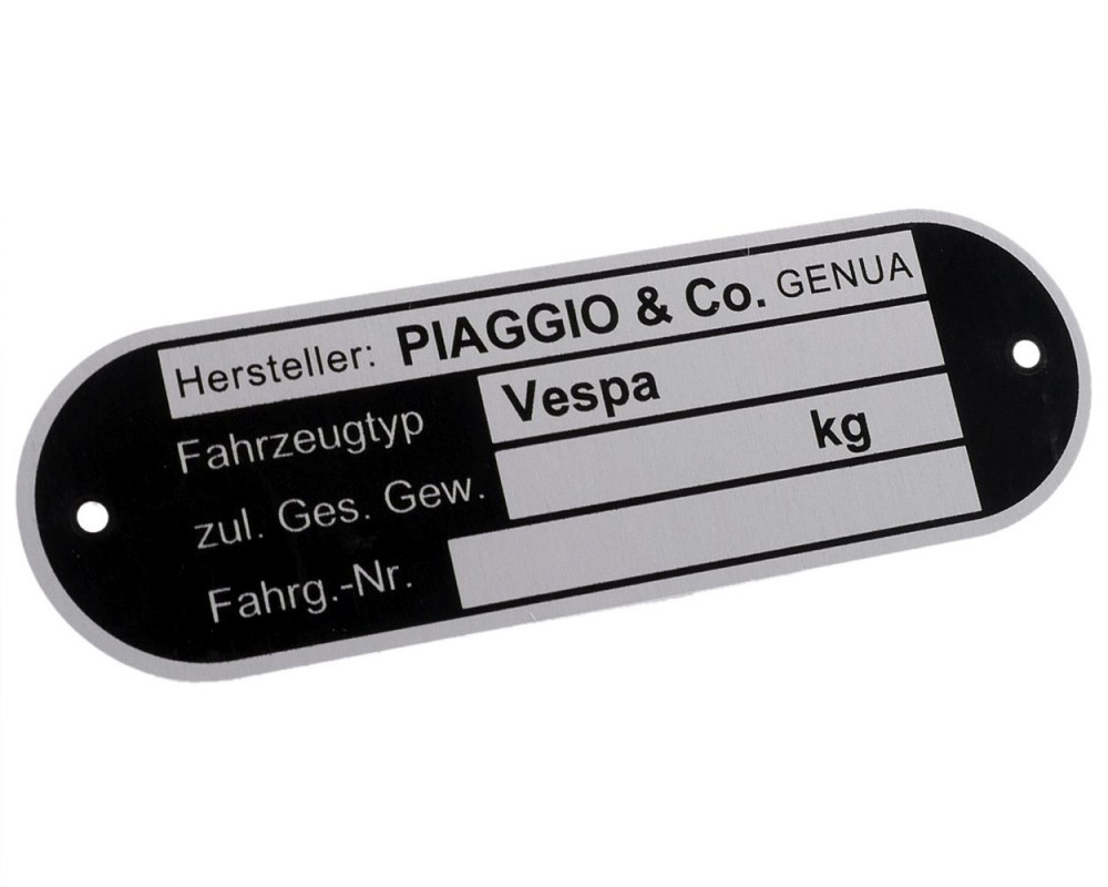 Typenschild PIAGGIOundCO. Genova schwarz, Aluminium getzt, Befestigung:2 Nieten, 80x25x0,6mm