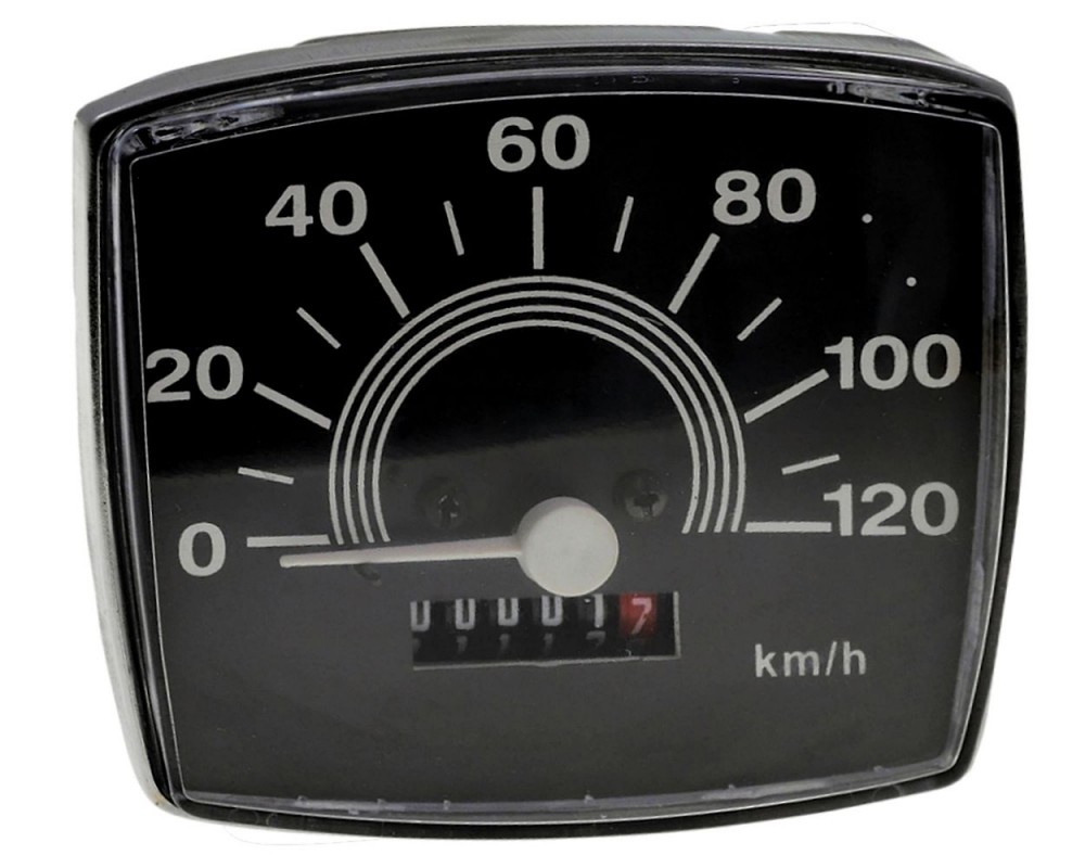 Tachometer UNI AUTO bis 120 km/h, KM Zhler, schwarzes Ziffernblatt, weier Zeiger fr Vespa V50 Special