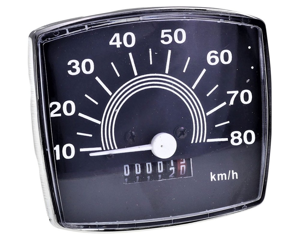 Tachometer UNI AUTO bis 80 km/h mit KM Zhler, schwarzes Ziffernblatt, weier Zeiger fr Vespa V50 Special