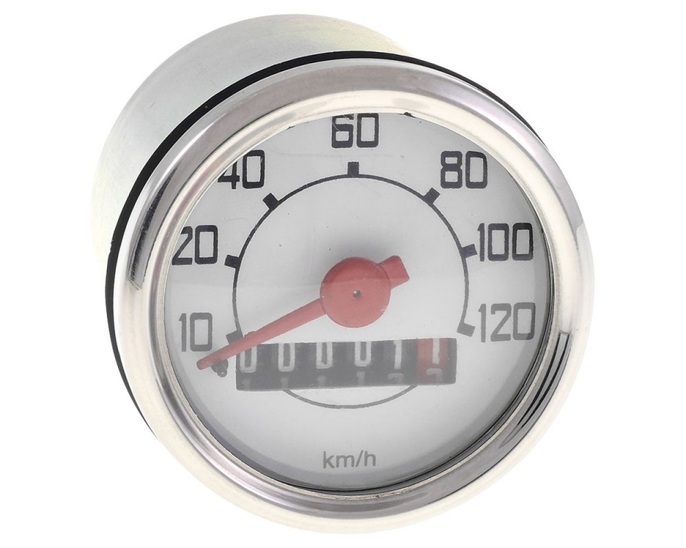 Tachometer UNI AUTO bis 120 km/h, rund, Chrom 48mm kompatibel f�r Vespa V50, 50 N, L, R, S, Piaggio CIAO, SI, Bravo, Grillo, Boxer