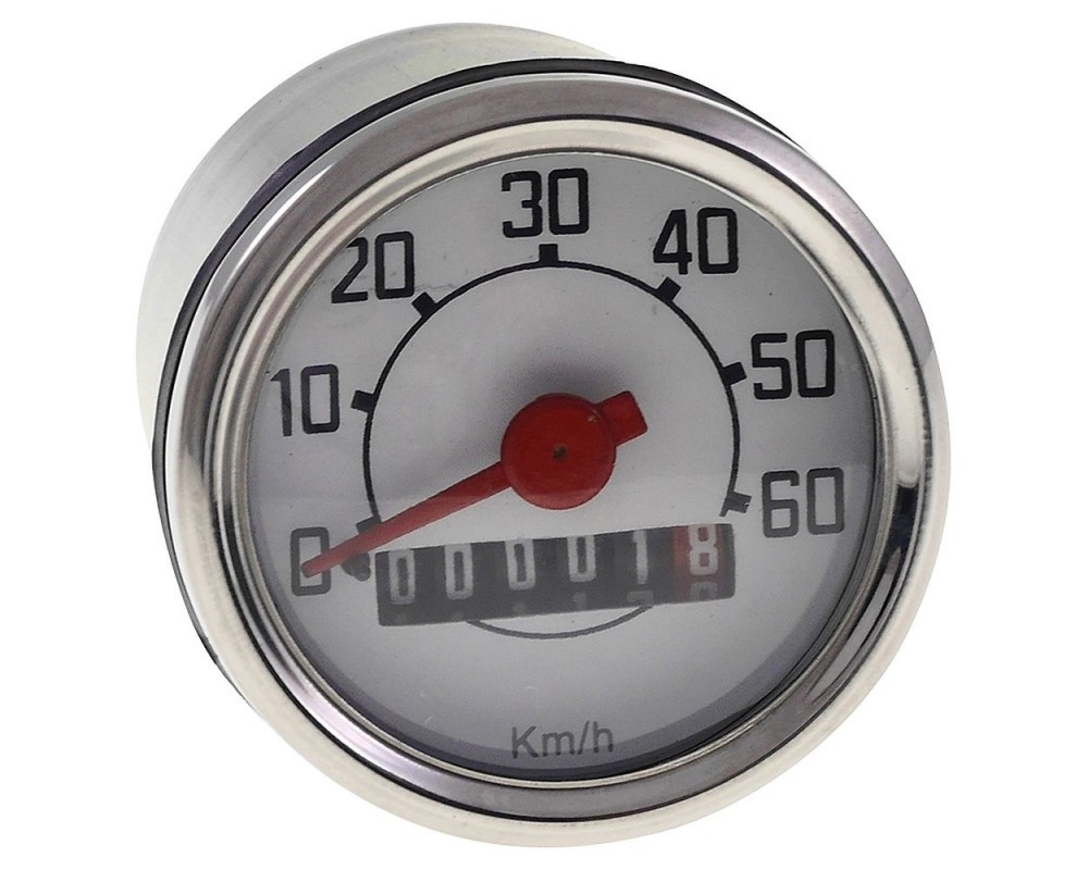 Tachometer 60km/h UNI AUTO Chrom 48mm kompatibel f�r Vespa V50, 50 N, L, R, S, Piaggio CIAO, SI, Bravo, Grillo, Boxer