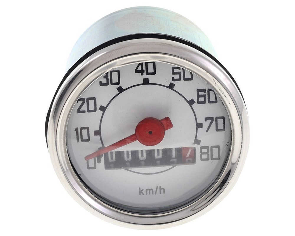 Tachometer UNI AUTO bis 80 km/h mit KM Z�hler, Chrom, rund 48mm kompatibel f�r Vespa V50, 50N, L, R, S, Piaggio CIAO, SI, Bravo, Grillo, Boxer
