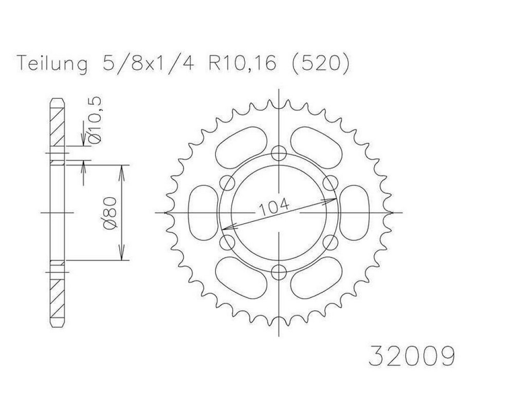 Kettenrad Stahl 38 Zhne 520er Teilung (5/8x1/4)