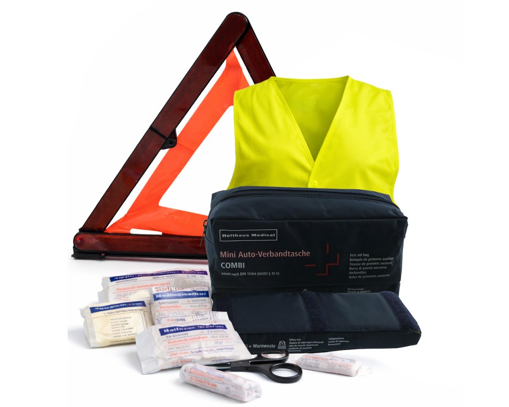 Verbandstasche Mini 3in1  Warnweste  Warndreieck, Verbandskasten, Motorrad, KFZ, Auto, Quad, Bike, ATV universal