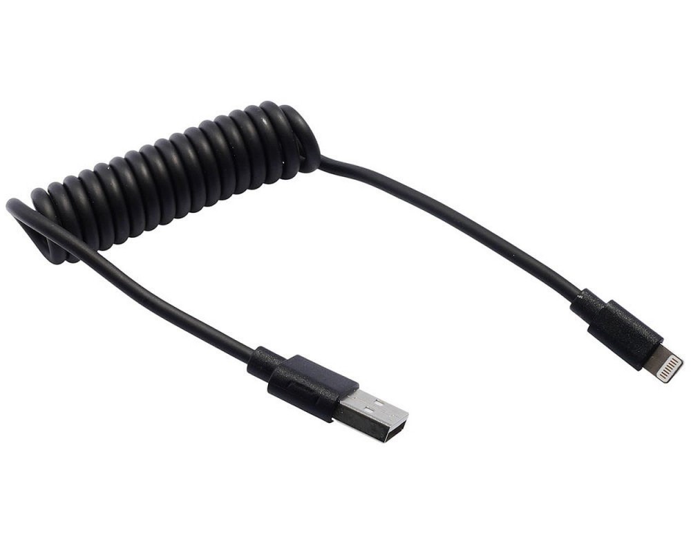 Ladekabel LAMPA 100cm schwarz für Apple 8-Pin / USB Roller Motorrad Auto Spiralkabel Ladegerät
